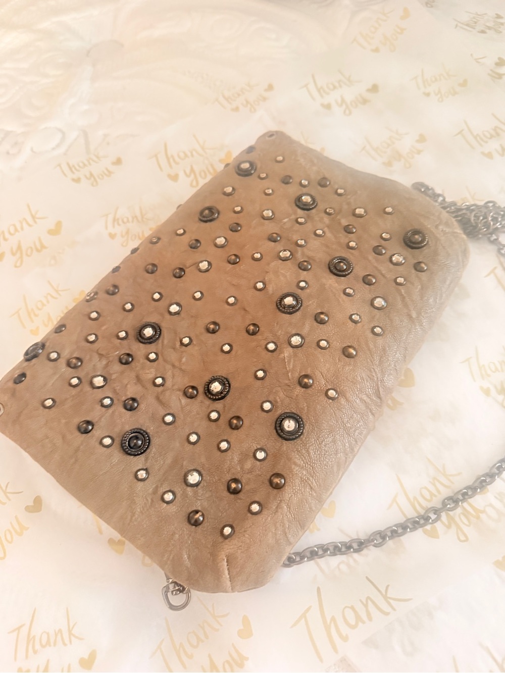 Lisa Berck- Studded Taupe Leather Crossbody Bag with Satin lined.
